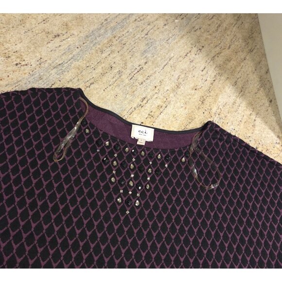 New! ECI Size L Sweater Black Purple Embellished Neck Rhinestone Geometric - Picture 10 of 16